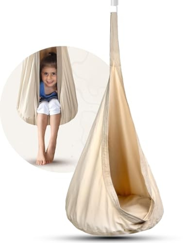 KOJANA Hängehöhle mit Kissen & Innentasche – Textiler Hängesitz für den Innen- & Außenbereich – Belastbar bis 80 kg – 70x150 cm (Beige)