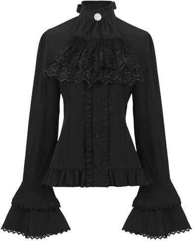 Generico Camicia da donna medievale, stile vittoriano, vintage, a maniche lunghe, con volant, stile gotico, steampunk, rinascimentale, camicia con colletto alto, scollo alto, costume da pirata