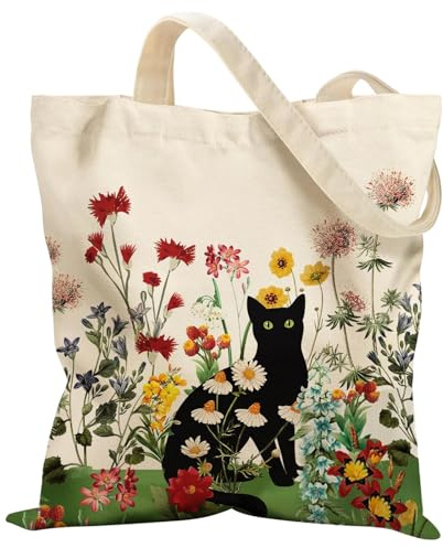 VOYANTE Schwarze Katzen Tote Bag, Stoffbeutel Bedruckt, Aesthetic Baumwolltasche, Wiederverwendbar Einkaufstasche, Geschenke für Katzenliebhaber, Frauen, Freund, Gute Freundin