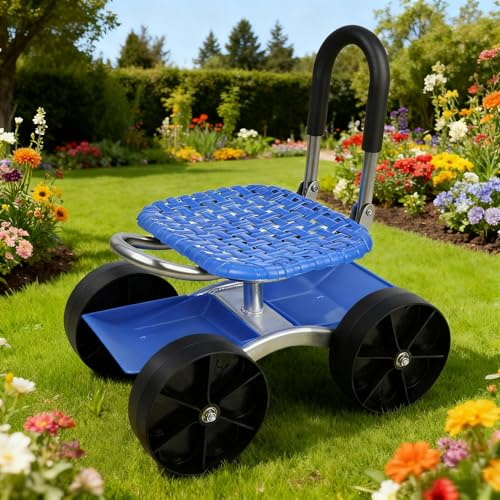 Somerway Rollbarer Gartenhocker, Werkstatthocker mit flachen Rollen, 360-Grad-Drehung, fauler Gartensitz mit Werkzeugablage zum Pflücken, höhenverstellbar, Gartenwagen
