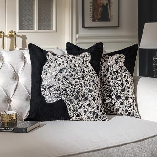 TOPWEAVE 1-Piece Luxury Leoaprd Throw Pillow Covers 20x20 Inch, Black Chenille Embroidered Cushion Cover, Modern Animal Beaded Sparkling Square Decorative Pillowcase for Living Room Couch Sofa Bed