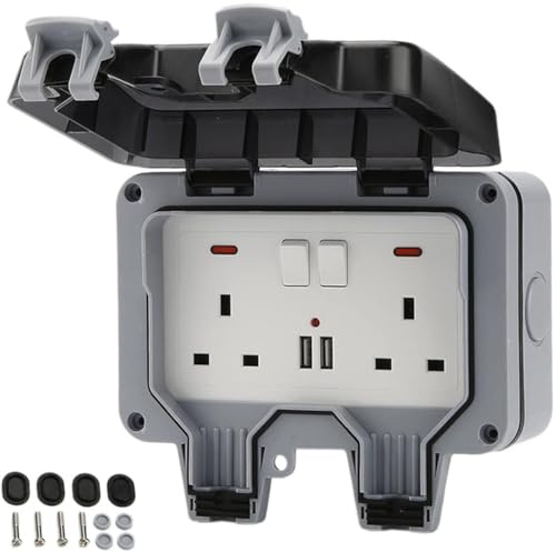 Waterproof Indoor Outdoor 2 Gang 13A Wall Socket Box Outside + Double USB UK Plug IP66 Rated Electrical Outlet