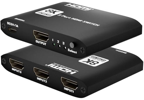 ArbaroClara Conmutador HDMI 2.1 3 en 1 salida 8k60Hz, conmutador HDMI de 3 puertos 4K a 144Hz, 48Gbps, VRR, HDR dinámico, HDCP 2.3, para PS5/Xbox Series X/Apple TV 8K/Roku Ultra/Fire Stick 8K Max