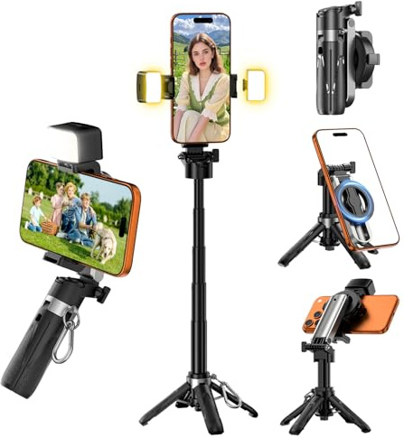 ALAFLY Mini Magnetisches Stativ mit 2 Fülllicht, 4-in-1 Selfie-Stick Multifunktions Handyhalterung mit Abnehmbarer Kabelloser Fernbedienung, 360° Drehbare Telefon-Reisestativ für iPhone/Samsung