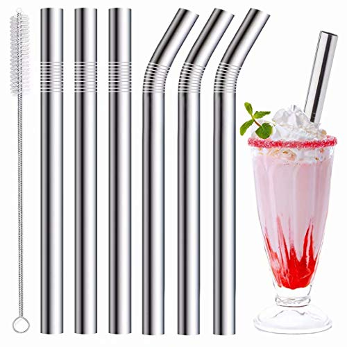 Vinaco Reusable Stainless Steel Milkshake & Smoothie Straws, 6 Pack - 216mm & 266mm Long, 10mm Wide, 1 Straw Cleaner