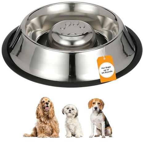 Neater Pet Brands Stainless Steel Slow Feed Bowl - Non-Tip & Non-Skid - Stops Dog Food Gulping, Bloat, Indigestion, and Rapid Eating (1.5 Cup)