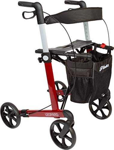 FabaCare Rollator Leopard mit Einhandbremse links rechts, Leichtgewichtrollator, faltbar, mit Vollausstattung, bis 150 kg (Rot)