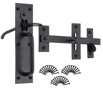 Infinity Decor 7” Heavy Duty Iron Suffolk Door/Gate Latch Catch Lock Set with Thumb Piece for Security in Epoxy Black Finish for Outdoor Use