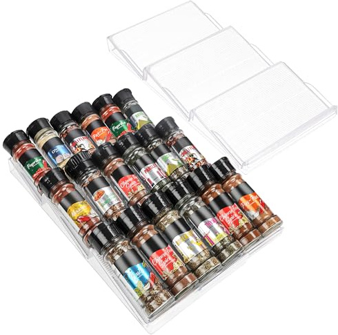 BELLE VOUS 2 Pack Spice drawer Organiser - Expandable 3 Tier Kitchen Insert Organiser Rack Tray - Plastic Slanted Adjustable Storage For Cabinet Shelf and Drawers - Seasoning Jars & Supplements
