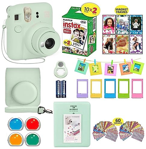 Fujifilm Instax Mini 12 Instant Camera Mint Green + Shutter Compatible Carrying Case + Fuji Film Value Pack (20 Sheets) + Shutter Accessories Bundle, Color Filters, Photo Album, Assorted Frames
