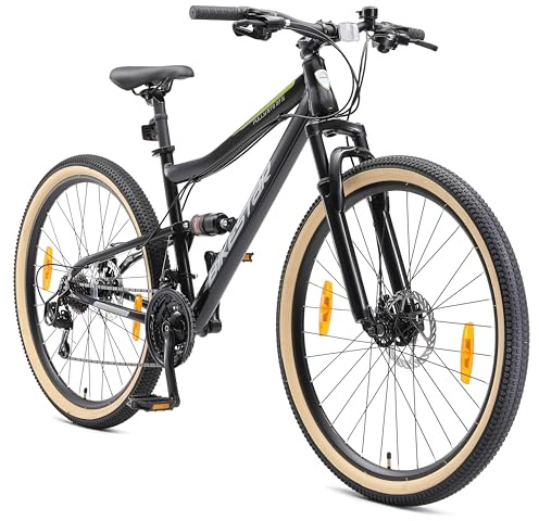 BIKESTAR VTT Vélo Tout Terrain, Frein à Disque, 21 Vitesses Shimano, 27.5 Pouces | Mountainbike Tout Suspendu Integral Cadre 17 Pouces | Noir