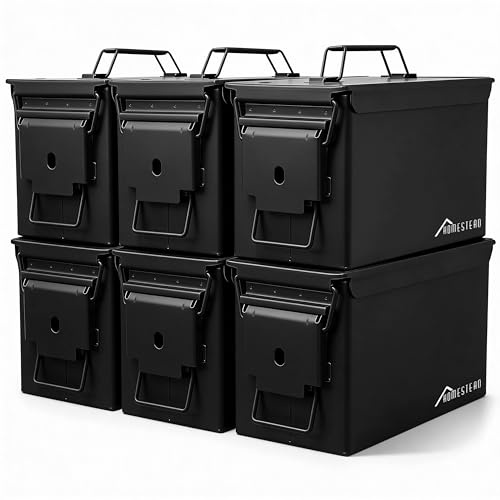 HOMESTEAD 50 Cal Metal Ammo Can – 6-Pack M2A1 Military Steel Ammo Storage Box, Airtight & Water-Resistant Ammo Containers for Long-Term Storage, Black Color