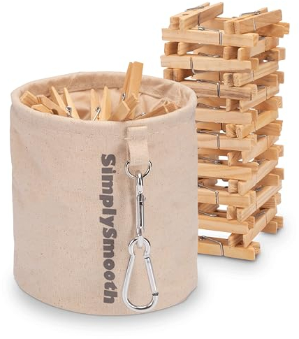 SimplySmooth Borsa per Mollette – Contiene 50 pezzi in legno. Realizzata in 100% cotone, con moschettoni extra grandi per appenderla e chiusura pratica. Perfetta per organizzazione e comodità