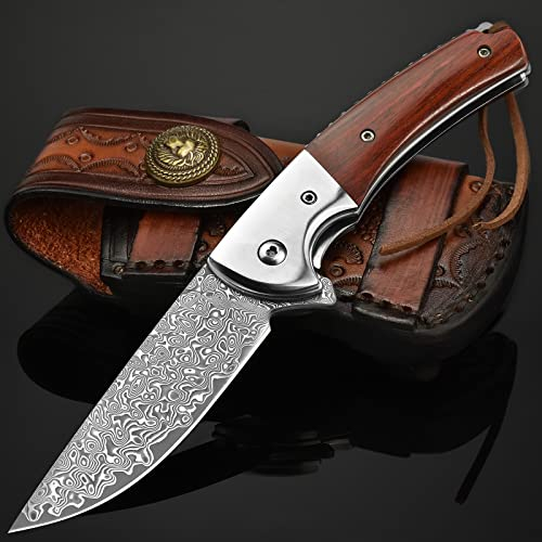 LOTHAR FLAMINGO Taschenmesser, Damast Klappmesser aus 67 Lagen Damaststahl, Klappmesser Einhandmesser mit Lederholster, Holzgriff Damast Einhandmesser, für Sammlung oder Geschenk
