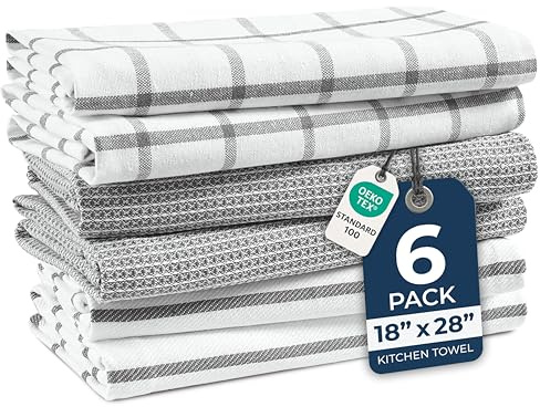 LANE LINEN Tea Towels Set - 6 Pack, 18”x28”, 100% Cotton Kitchen Towels, Absorbent & Quick-Drying Dish Towels Set with Hanging Loop - Grey
