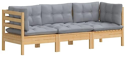 vidaXL Gartensofa 3-Sitzer, Gartenmöbel 2 Ecksofa 1 Mittelsofa mit Grauen Kissen, Modular Sofa Lounge Sitzgruppe für Garten Terrasse Balkon, Loungemöbel, Massivholz Kiefer
