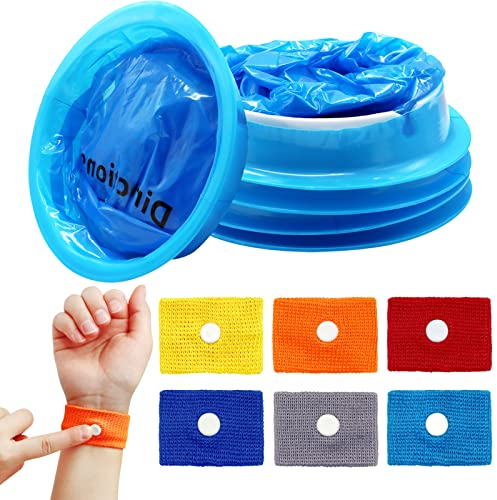 Vomit Bags and Motion Sickness Bands Set for Travel, Wieat 5 Disposable Sick Bags 6 Sickness Relief Wristbands, Anti-Nausea Bands and 1000ml Barf Bags for Kids, Adults, Pregnancy, Car Sea Flying Trip