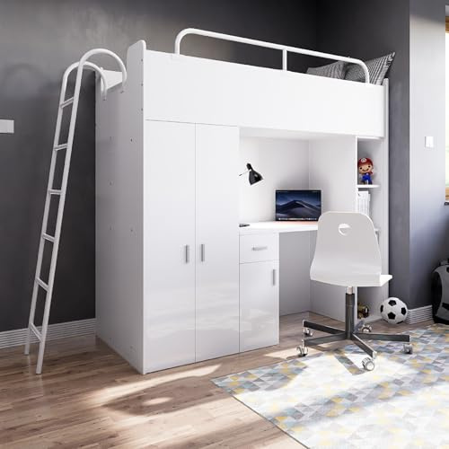 Marlux-Meble Hochbett JSM-4 80x190 mit Kleiderschrank Schreibtisch und Leiter Hochglanz Kinderbetten Funktionsbett Etagenbett Stockbett Kinderhochbett Jugendhochbett (Weiß Glanz)