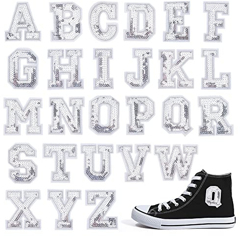 PandaHall 28 Stück Silberne Pailletten-Buchstaben-Patches, 5 cm/1.97 Zoll AZ Alphabet Aufnäher Zum Aufbügeln, Glitzerapplikationen, Stoff, Dekorative Aufnäher Für Hüte, Taschen, Jacken, Bastelbedarf