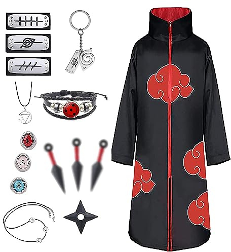 JMOCD Déguisement Akatsuki Hidan Itachi Costume Halloween Adulte Enfant Cape, Akatsuki Cosplay Anneau Bandeau Bague Collier Accessoires Carnaval Tenue Manga pour Homme Femme Fille Garcon