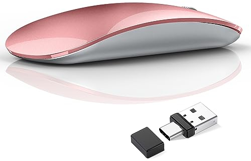 Uiosmuph Wireless Mouse, USB C Rechargeable Computer Mouse, Slim Silent Mice 2.4GHz Optical with USB Nano Receiver and Type C Receiver for Laptop/Mac/PC(Rose Gold)