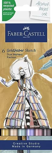 Faber-Castell 164808 – Goldfaber Sketch märkpenna mode, 6 st fodral alkohol märkpenna med borste spets och fineliner spets