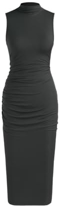 CIDER Work Dresses for Women High Neck Sleeveless Bodycon Ruched Cocktail Party Midi Dresses Black