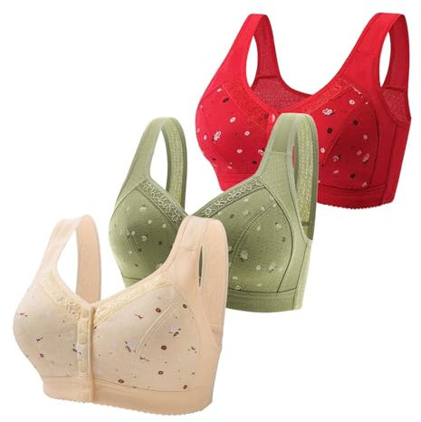 Generic Prime of Day 2024 3 Pc Daisy Bras for Older Women Full Coverage Front Closure T Shirt Bra No Underwire Comfort Hides Back Fat Bralette Multicolor E