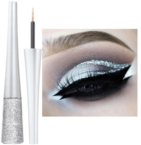 Glitter Eyeliner Flüssig Silber Metallic Eyeliner Glitzer Langanhaltend Pigmentiert Wasserfest Glitter Eye Liner Schminken Glitzer Augen Make up Glitter Liquid Eyeliner Silver（Silber #10）