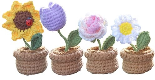 YANGSHINE 4er-Pack mini künstliche Blumen im Topf, handgefertigt gehäkelt - Gestrickte Sonnenblumen, Tulpen, Gänseblümchen und Rosen für die Dekoration von Zuhause, Büro, Auto - Farbe #11