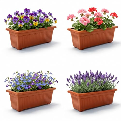 SIDSONS - 70cm Set of 4 Rectangular Window Planters - Terracotta Outdoor/Indoor Flower Pots - Plastic Trough Pot with Drainage & Airflow - Flowers Trough for Window Sill