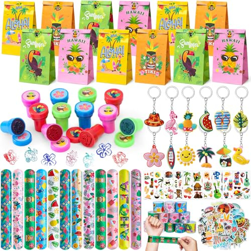 Tacobear 110 Piezas Fiesta Hawaiana Regalos Cumpleaños Niños con Pulseras de Bofetada Sellos Llaveros Pegatinas Tatuajes Bolsas de Regalo Fiesta de Verano Detalles Cumpleaños para Infantil