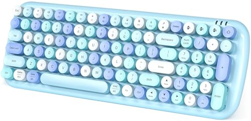 Meidosa Teclado Bluetooth inalámbrico, mini teclado Bluetooth de 100 teclas para Mac, iPad, iPhone, PC, portátil y Android, 3 dispositivos simultáneamente, teclado redondo retro colorido (azul)