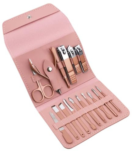 16-in-1 Stainless Steel Nail Clippers Kit, Pedicure Grooming Set, Full Function Nail Care Tools, Manicure Set with Leather Case (Pink)