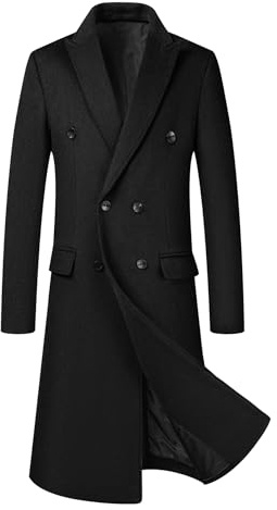 Allthemen Mens Long Trench Coat Double Breasted Warm Coat Casual Slim Fit Outwear Wool Business Winter Jacket Peacoat Black L