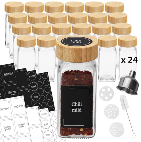 VonBueren Gewürzgläser eckig leer Bambusdeckel 24x120 ml Gewürzgläser Set | Spice Jars und Gewürzbehälter Glas mit Streueinsatz, Gewürzstreuer Glas, Bambusdeckel und leere Gläser für Gewürze