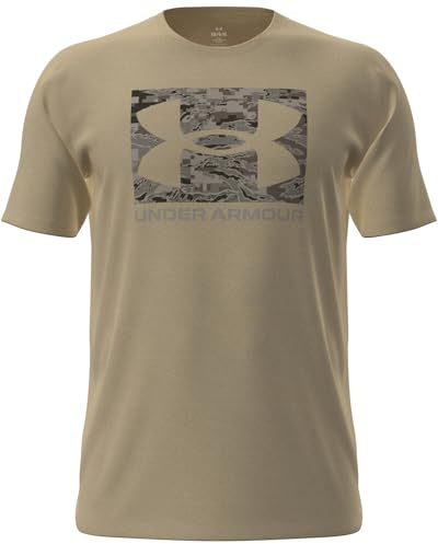 Under Armour Herren ABC Camouflage Boxed Logo Kurzarmshirt, leichtes, schnelltrocknendes Sportshirt mit geripptem Kragen, weiches Fitness Shirt aus Baumwollmix,Field Khaki / / Timberwolf Taupe,MD