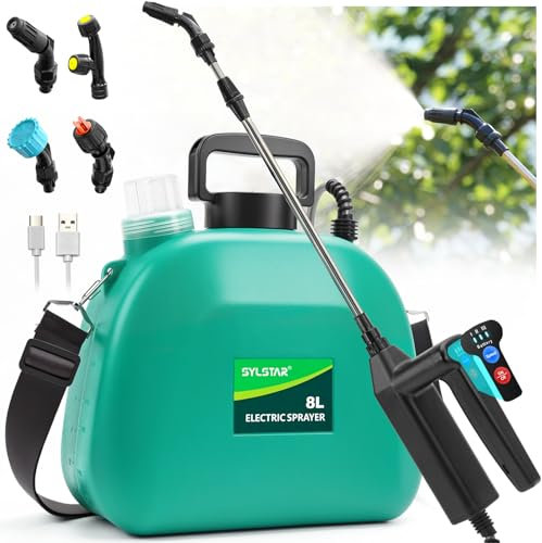 SYLSTAR Pompa Irroratrice a Batteria da 8L, 3 Velocità di Pompa Irroratrice,7.4V Spruzzatore Forte con Indicatore di Batteria, 4 Ugelli Regolabili Nebulizzatore Piante per Giardino, Cortile e Prato