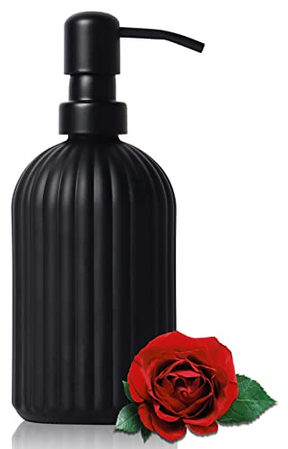 Matte Black Ribbed Glass Soap Dispenser, 400ml Refillable Countertop Hand Soap Bottle with Rust‑Proof Pump, for Kitchen, Bathroom & Laundry Room