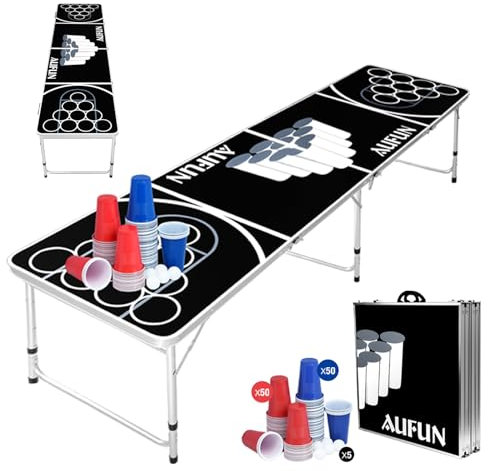YZNAHRE Beer Pong Tisch Set,Premium Höhenverstellbar Bierpong-Tisch inkl. 100 Becher (50 Rot & 50 Blau) mit 5 Bälle + Regelwerk Partyspiele, Schwarz