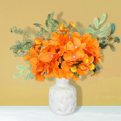 G&S homedeko Artificial Flowers with Vase 17.7 Faux Silk Hydrangea Eucalyptus Fake Flowers Arrangement in Vase for Home Decor Office Bathroom Dining Coffee Table Centerpieces Wedding,Orange
