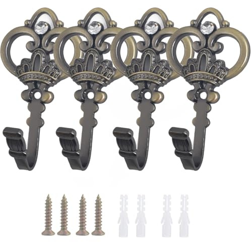 4 Pack Vintage Drapery Curtain Tieback Hooks Holdbacks Crown Shape Metal Curtain Tiebacks Wall Mounted Hooks for Hanging Coats (Bronze)