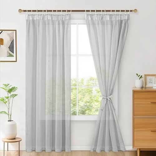 Hiasan 2er Set Sheer Voile gardinen vorhänge gardine Wohnzimmer mit Kräuselband Curtains scheibengardinen Vorhang Transparente Durchsichtig Luftig Dekoschal für Schlafzimmer 225x140cm(HxB) Grau