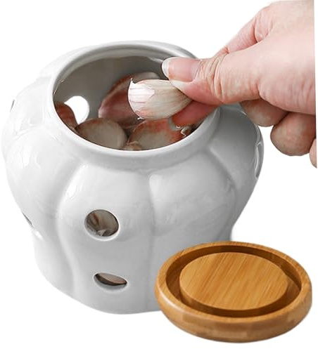 Mskmnkot Garlic Pot 4x4in Vented Freshness Ceramic Kitchen Garlic Keeper Large Opening With Lid Countertop Non-Slip Hollow Stylish Storage for Onions, Ginger (White) Pot