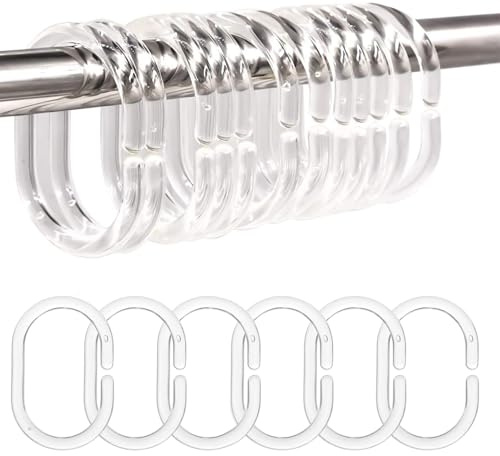 Plastic Shower Curtain Rings - 24 Pack No Rust Bathroom Hooks with Silent Glide C-Shape Design, Rust Resistant Shower curtain hooks for Bathroom, Window Rod Quick Snap Installation (Clear)