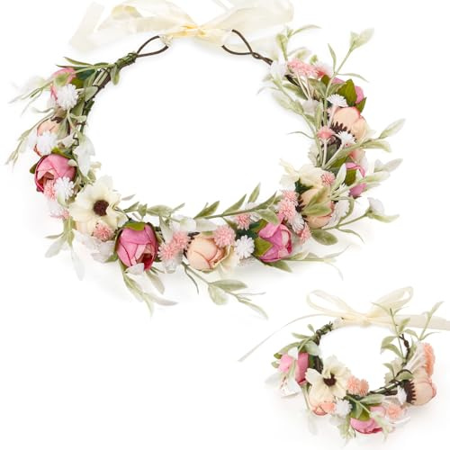 Blumenkranz Blume Krone Stirnband, Rose Braut Haarschmuck mit Armband-Set, Haarbänder Floral Girlande,Haar Garland,Blumenstirnband Verstellbarer Gürtel,Damen Mädchen für Festival Party Hochzeit Strand