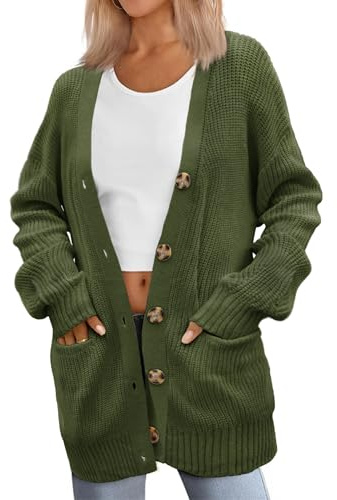 Zeagoo Cárdigan de Mujer de Punto Grueso Abrigo de Otoño/Invierno Cárdigan Casual Oversize con Bolsillos Abotonados Verde M