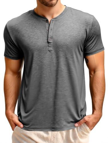 Runcati Herr T-shirt kortärmad Henley-skjorta sommar regular fit toppar män rund hals enfärgad basic skjorta casual t-shirt toppar med knappslå