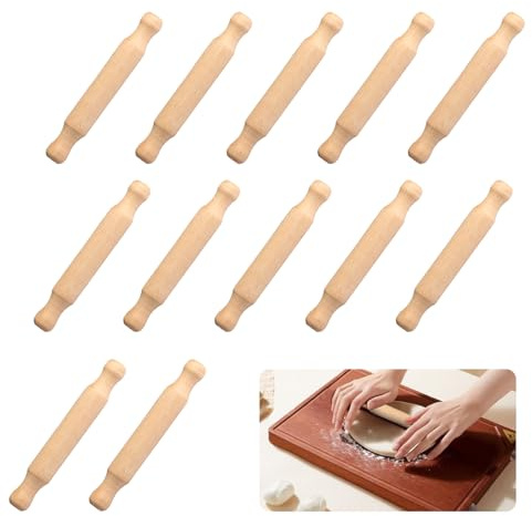 12 Pcs Mini Rolling Pin for Clay, Wooden Playdough Tools, Small Wooden Rolling Pins, Non-Stick Wood Dough Roller for Halloween Christmas Kitchen Baking Pizza Embossed Pastry Fondant Tools