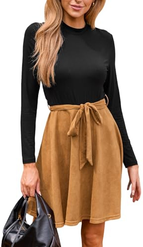 CUPSHE Damen Herbst Winter Kleid Rundhals Langarm Zweifarbig Freizeitkleider mit Bindegürtel Elegant Party Mini Dress Khaki S